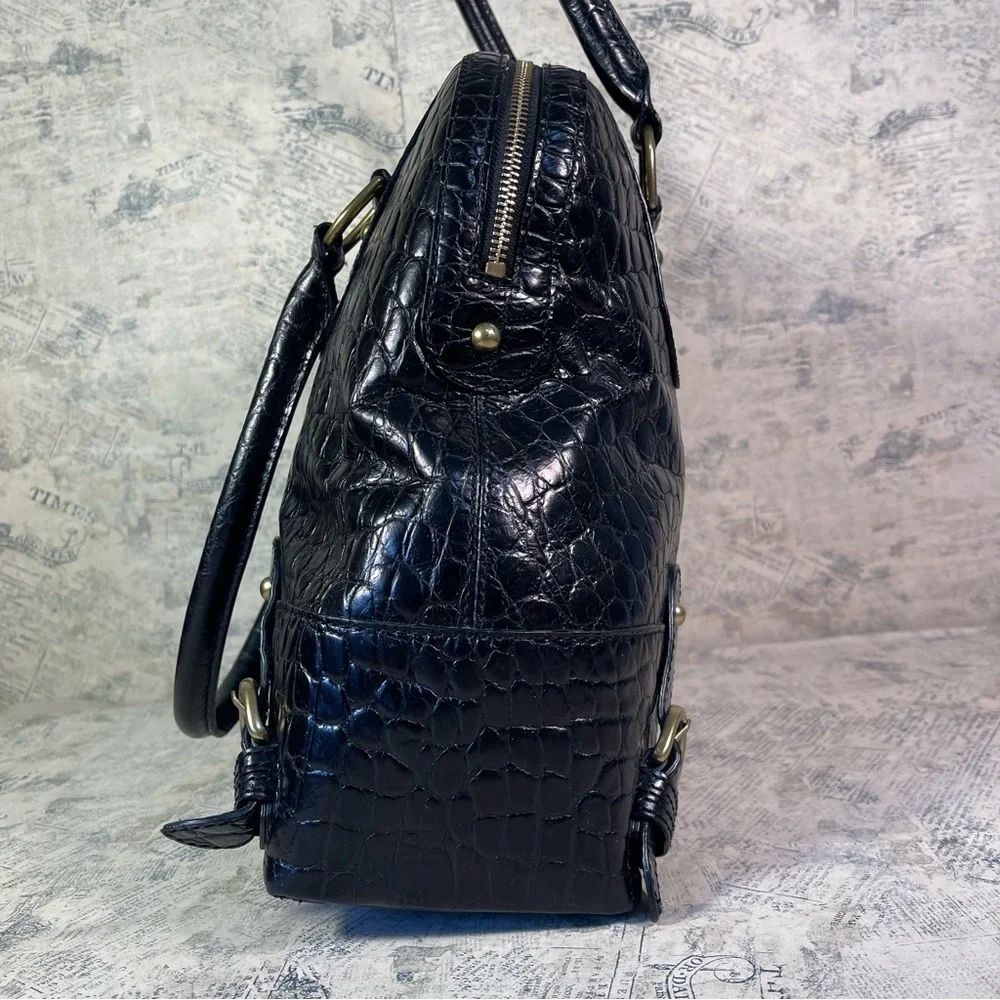Banana Republic Black Croc Embossed Leather Satchel Work Tote Gold Hardware